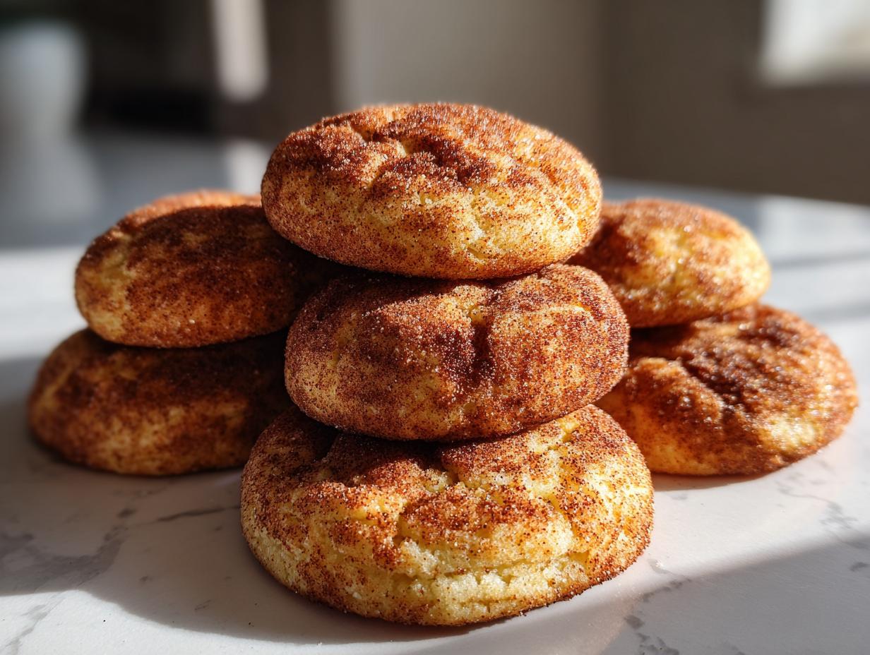 A close-up stack of freshly baked Snickerdoodles, coated in cinnamon sugar.