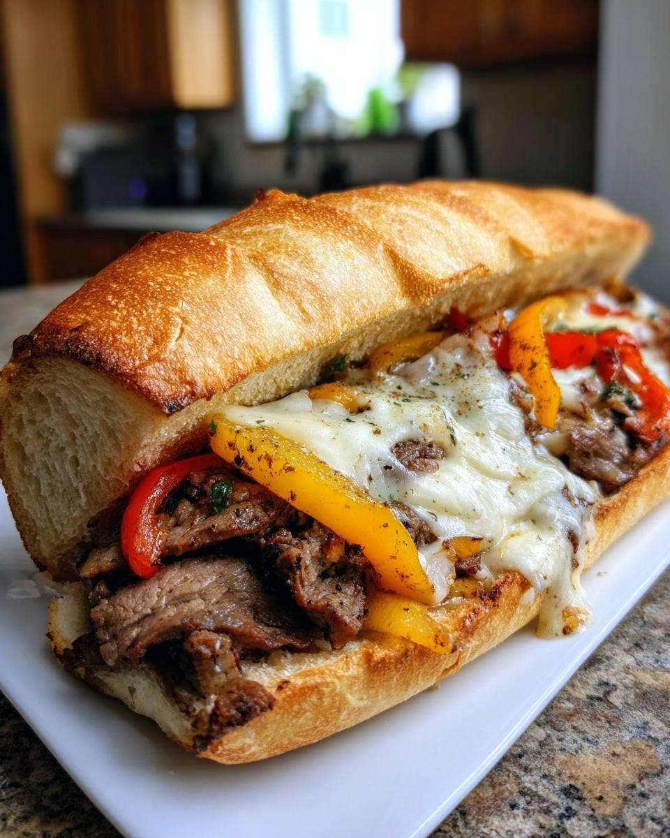 A close-up of a delicious Philly cheesesteak sandwich filled with steak, melted cheese, and colorful bell peppers on a toasted roll.