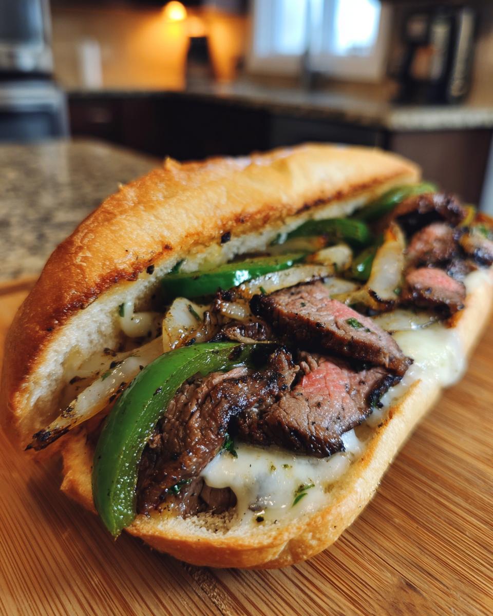 Close-up of an authentic Philly cheesesteak sandwich filled with thinly sliced steak, melted cheese, green peppers, and onions on a toasted roll.