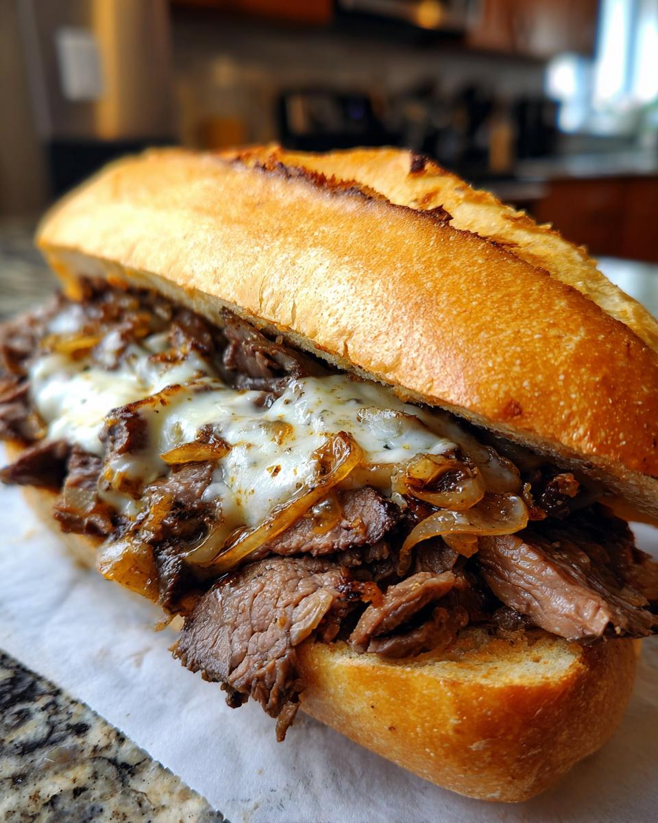 Close-up of an authentic Philly cheesesteak sandwich overflowing with thinly sliced steak, melted cheese, and caramelized onions on a long roll.