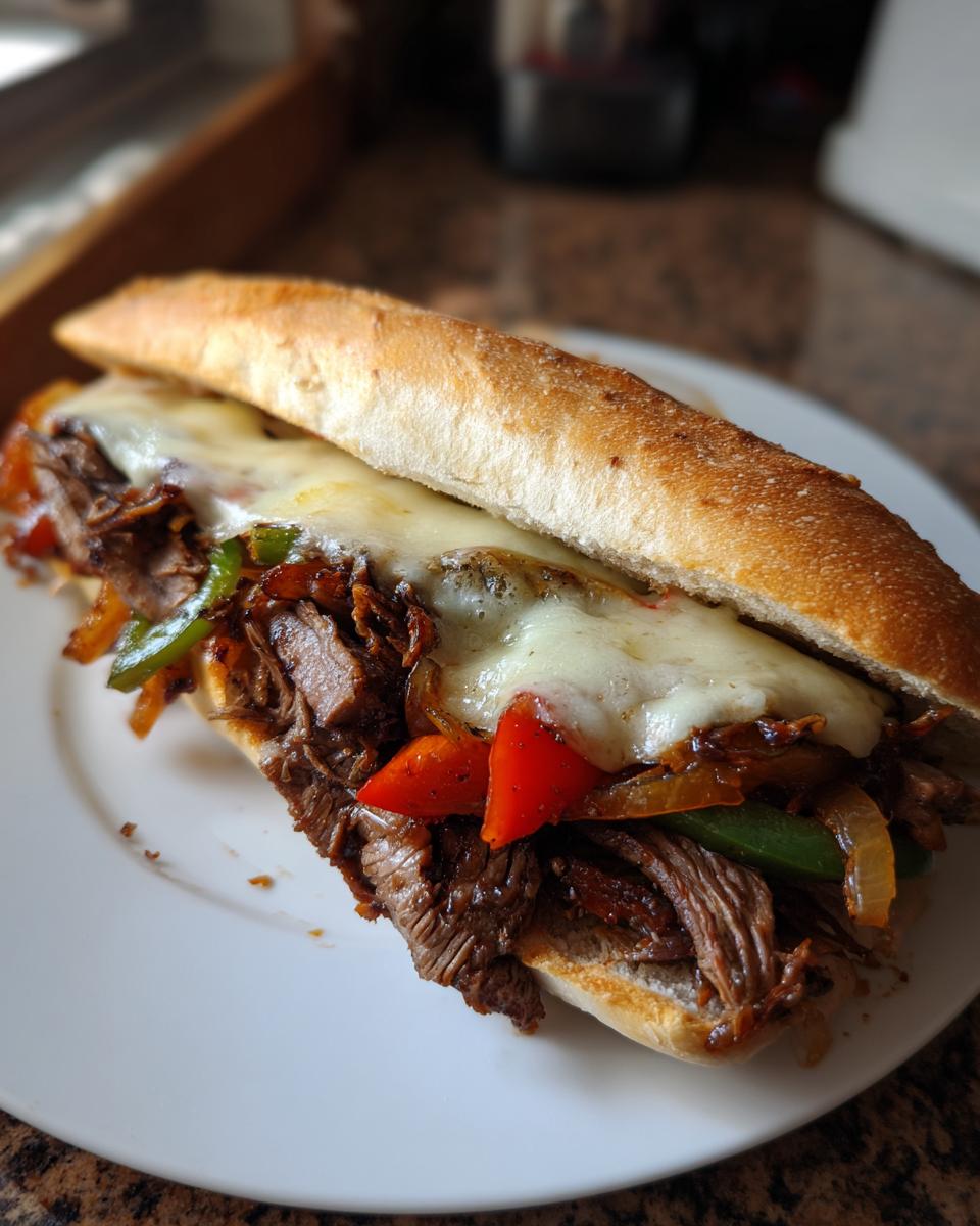 Close-up of an authentic Philly cheesesteak sandwich overflowing with tender steak, melted cheese, and sauteed peppers and onions.