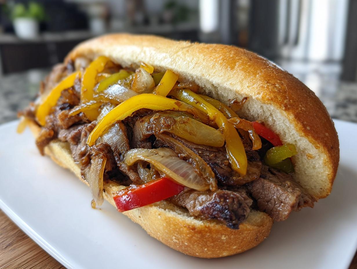 A close-up of an authentic Philly cheesesteak sandwich filled with thinly sliced steak, sautéed onions, and colorful bell peppers on a toasted roll.