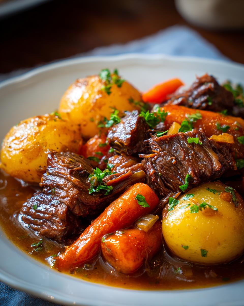 A close-up of a comforting bowl of pot roast, featuring tender beef chunks, whole carrots, and small potatoes in rich gravy, garnished with parsley.
