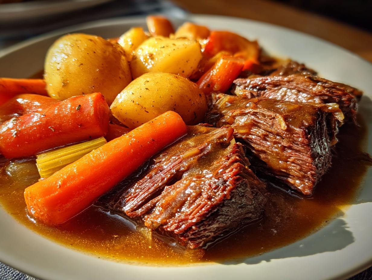 A close-up of tender pot roast slices served with hearty carrots, potatoes, and celery in rich gravy.