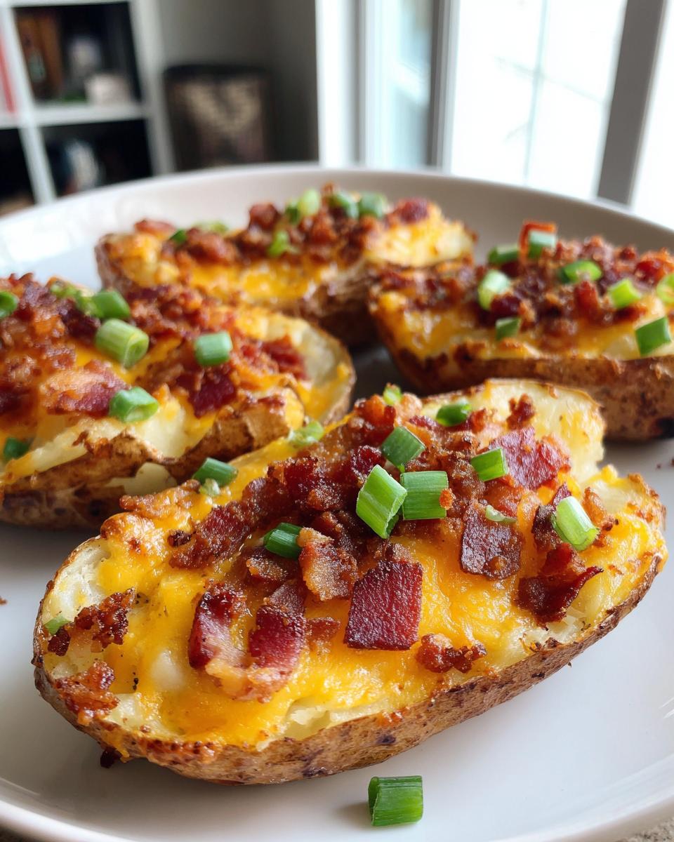 Close-up of delicious potato skins loaded with melted cheese, crispy bacon, and fresh green onions.