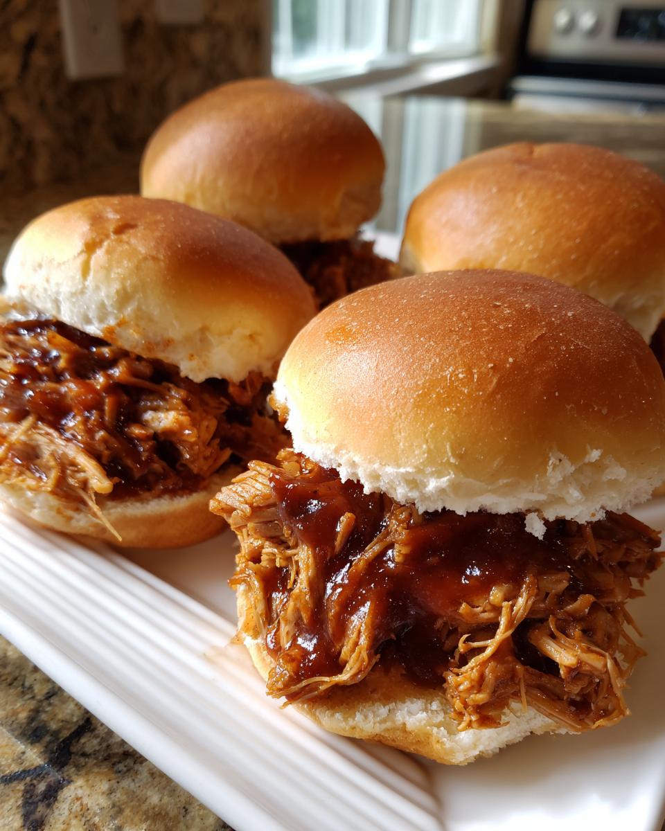 Close-up of four mouthwatering pulled pork sliders on a white platter, generously filled with shredded pork and barbecue sauce.