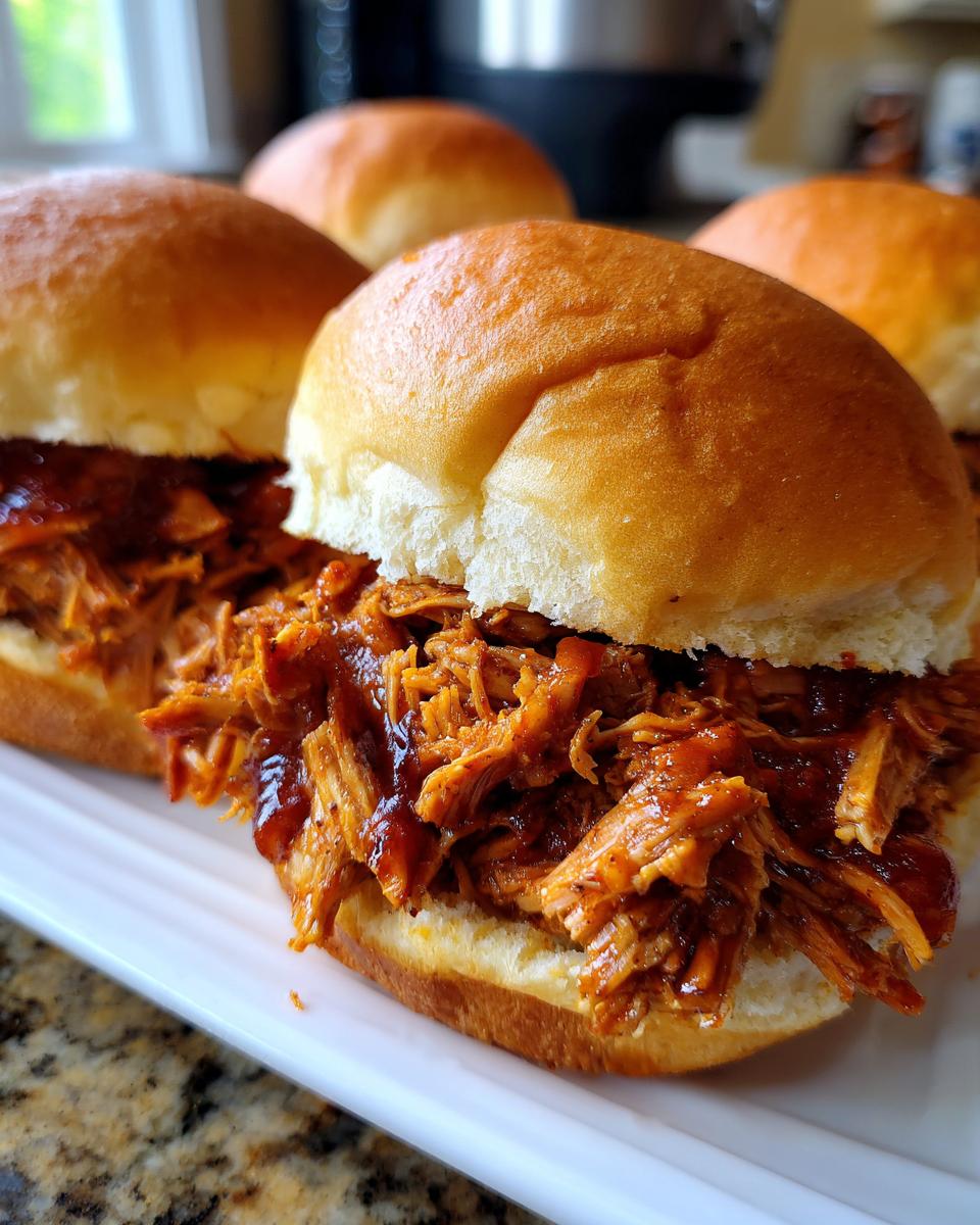 Close-up of four delicious pulled pork sliders piled high with tender, saucy pulled pork on soft buns.