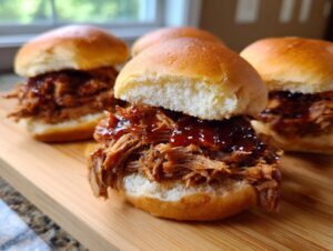 Close-up of three delicious pulled pork sliders piled high with tender shredded pork and barbecue sauce on soft buns.