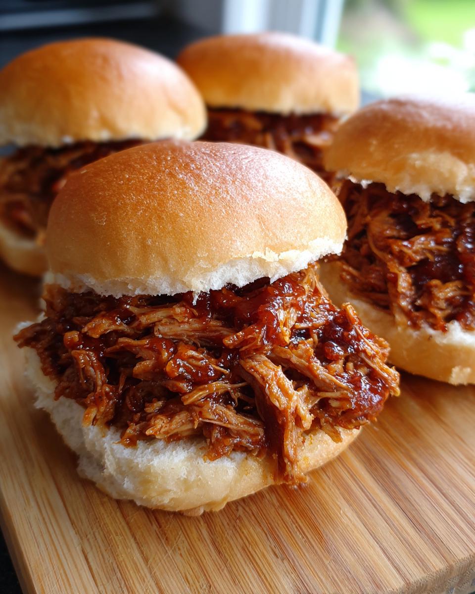 Close-up of delicious pulled pork sliders overflowing with tender, saucy pulled pork on soft buns.