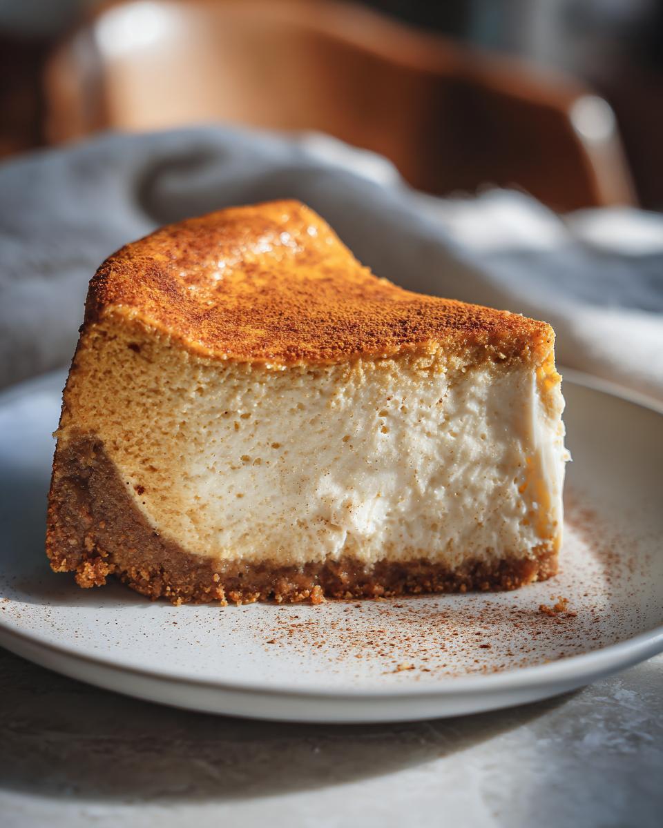 A close-up of a slice of creamy pumpkin cheesecake topped with cinnamon on a white plate.