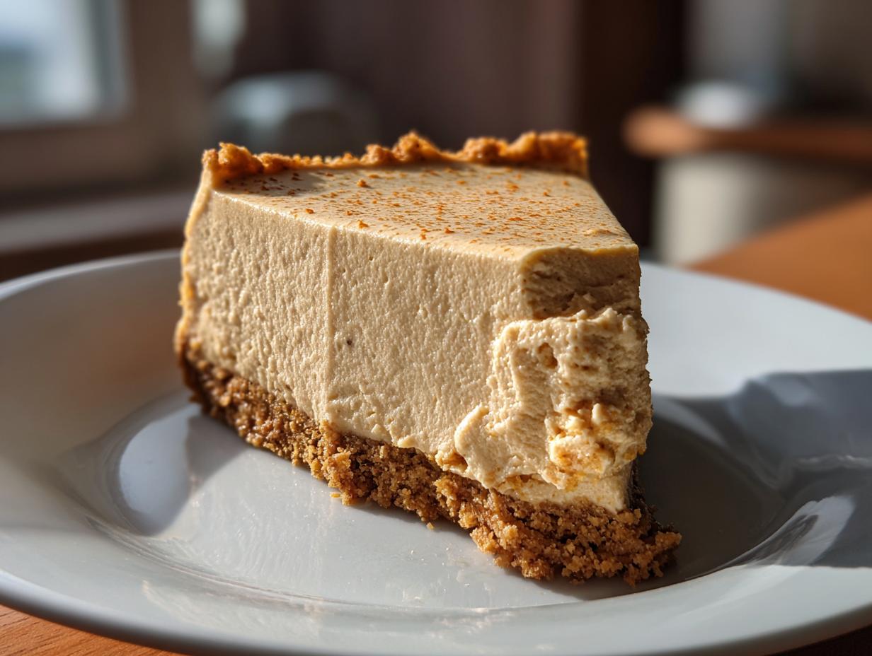 A close-up of a thick slice of pumpkin cheesecake on a white plate, with a graham cracker crust and a dusting of cinnamon.