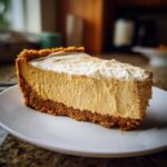 A slice of creamy pumpkin cheesecake with a graham cracker crust, topped with whipped cream and cinnamon.