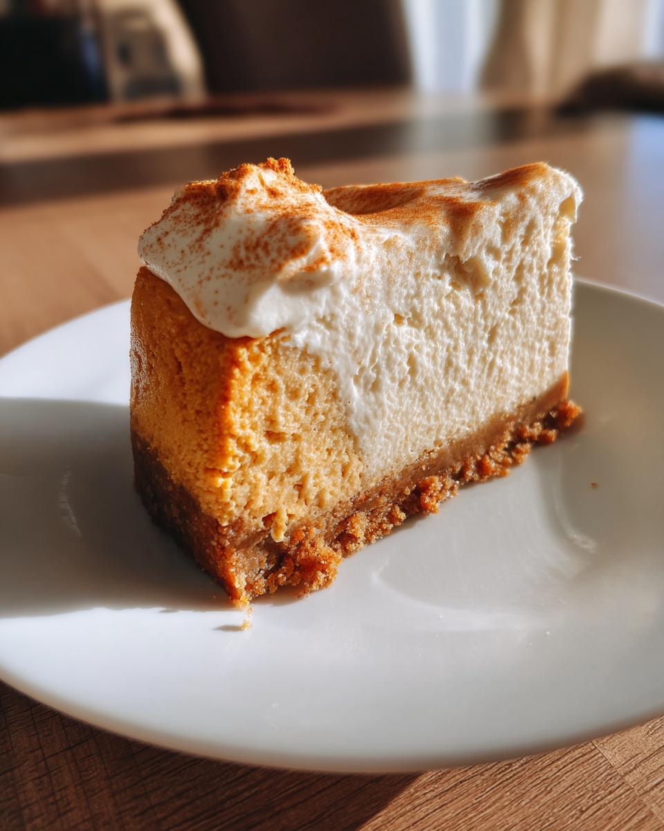 A perfect slice of creamy pumpkin cheesecake with whipped cream and cinnamon on a white plate.