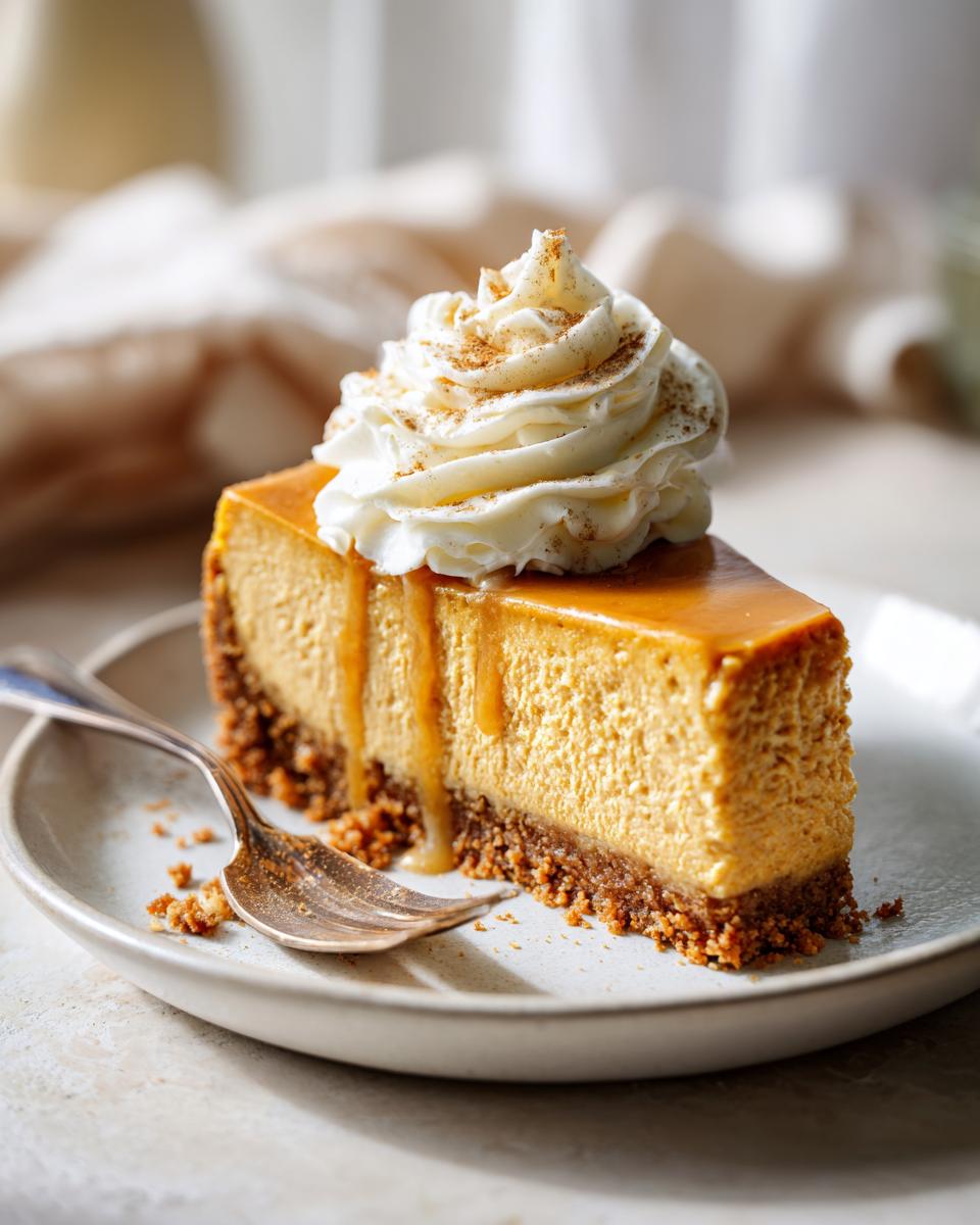 A decadent slice of pumpkin cheesecake topped with whipped cream, caramel drizzle, and cinnamon, ready to be enjoyed with a fork.
