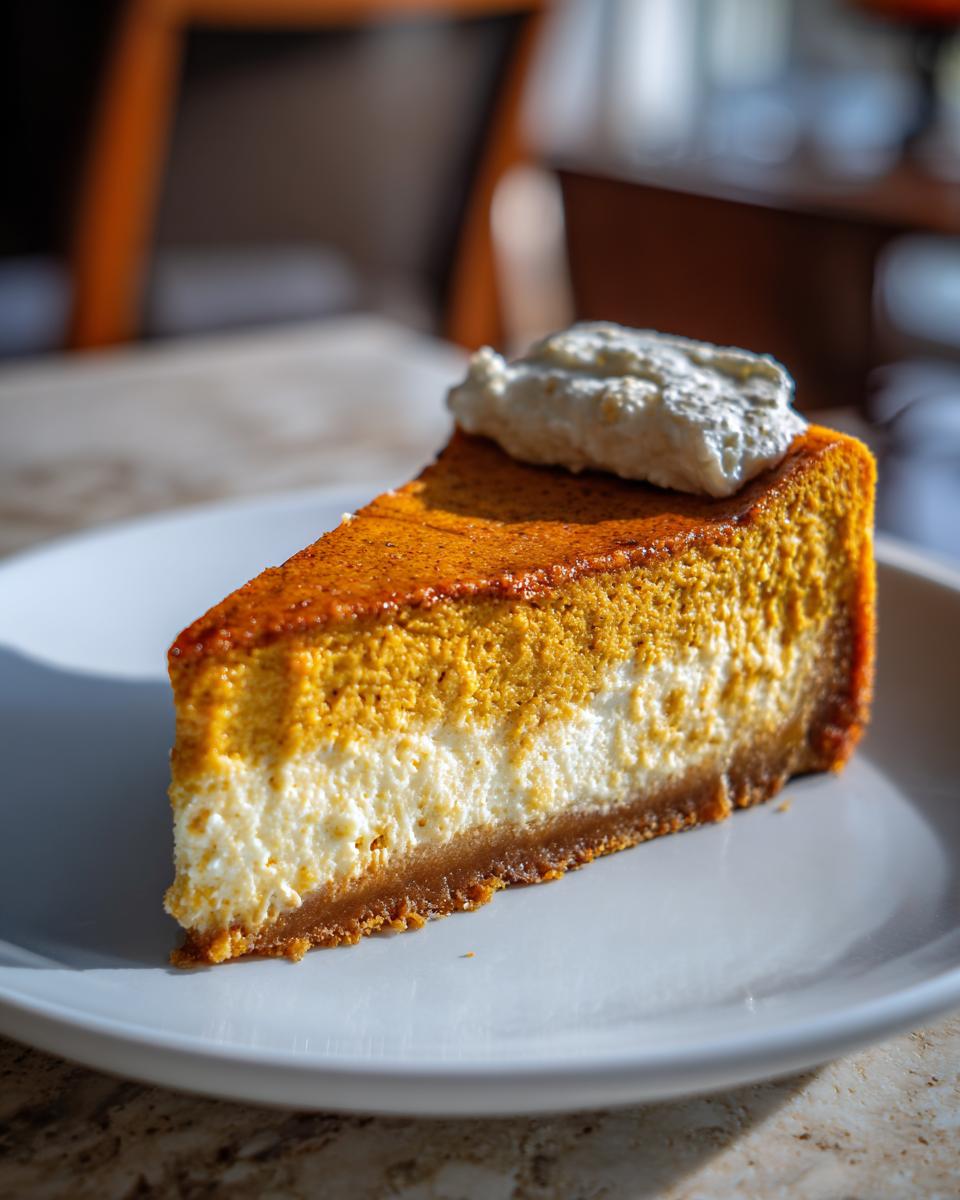 A slice of creamy pumpkin cheesecake topped with whipped cream on a white plate.