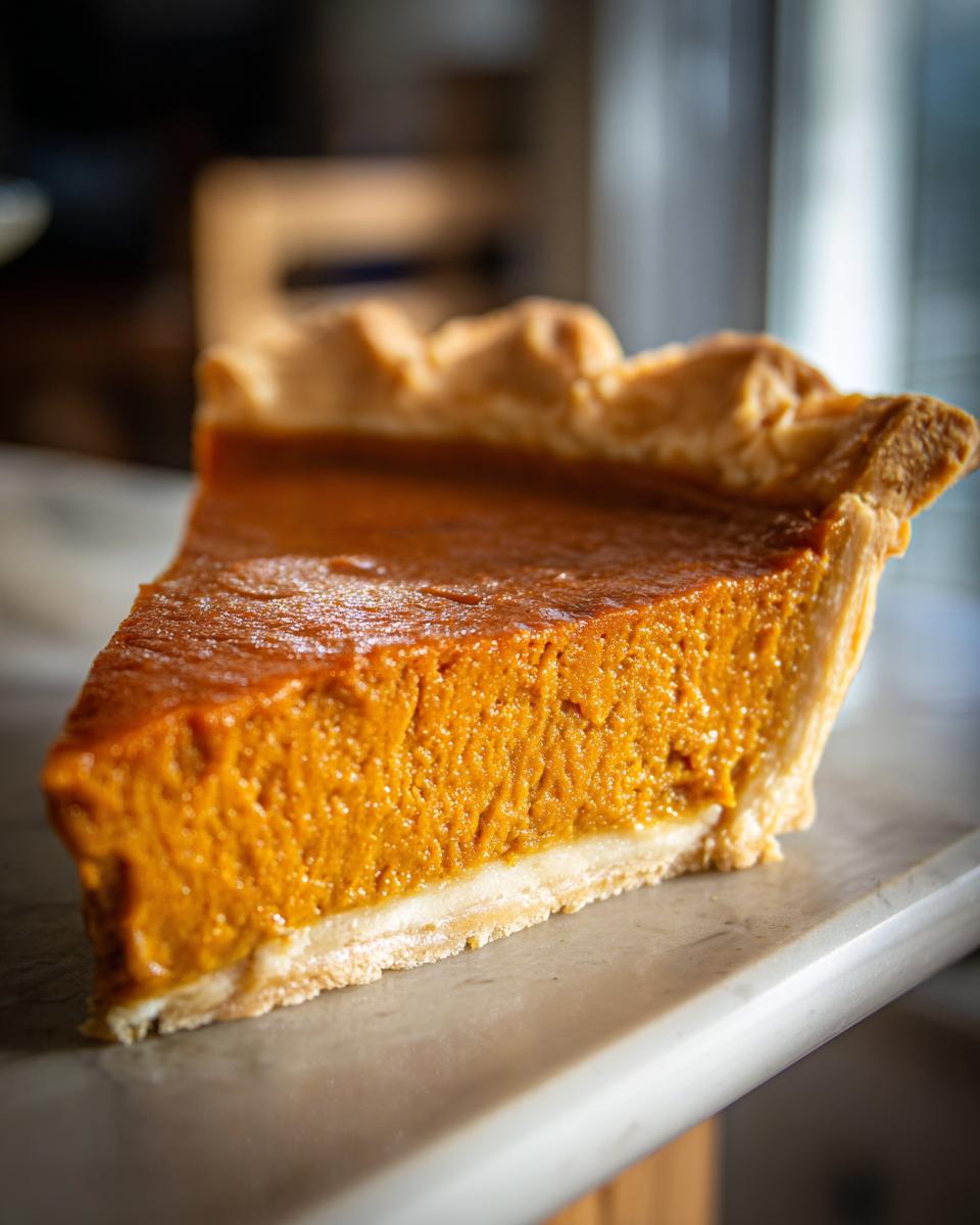 A close-up, angled view of a perfect slice of pumpkin pie with a flaky crust.