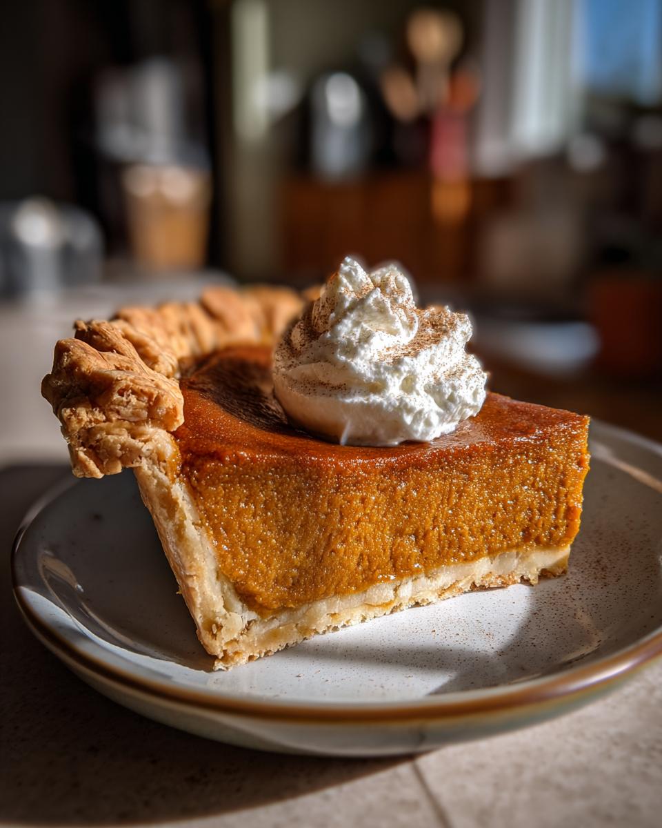 A slice of perfect pumpkin pie topped with whipped cream and cinnamon, served on a plate.