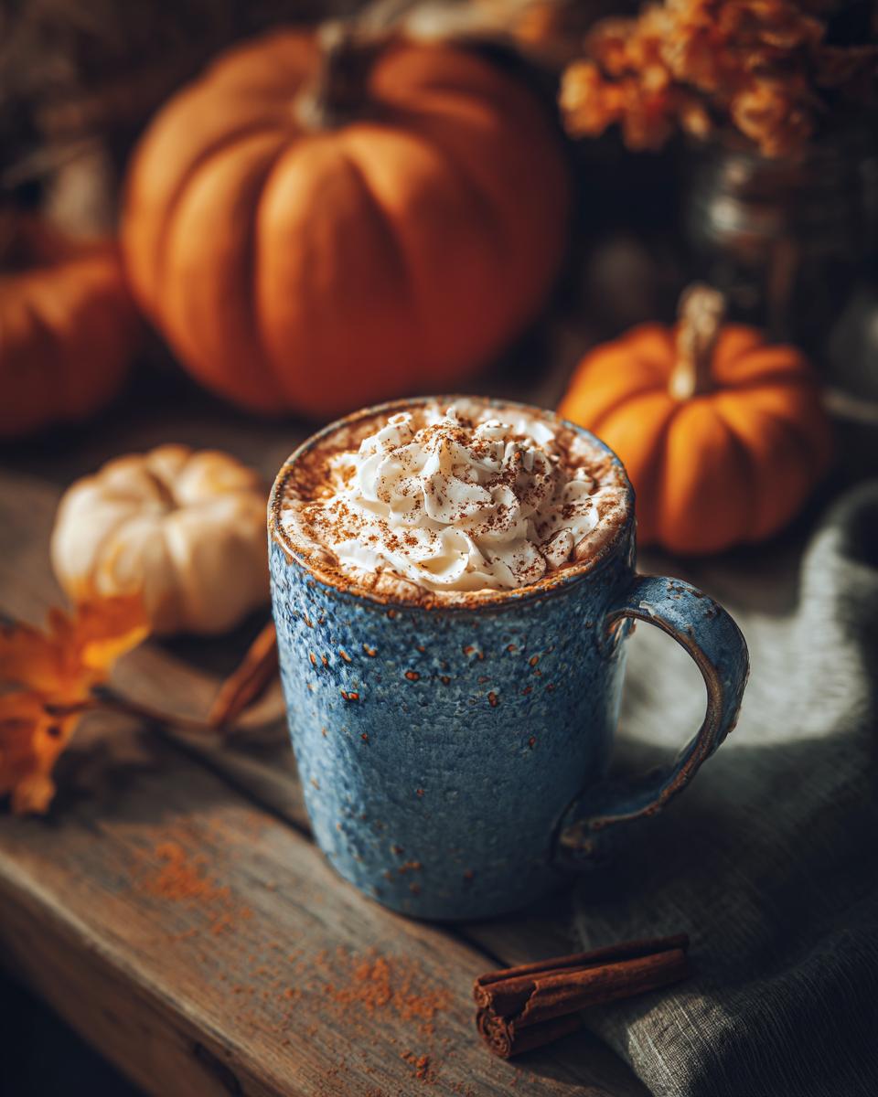 A cozy Pumpkin Spice Latte in a blue mug, topped with whipped cream and cinnamon, surrounded by pumpkins and cinnamon sticks.