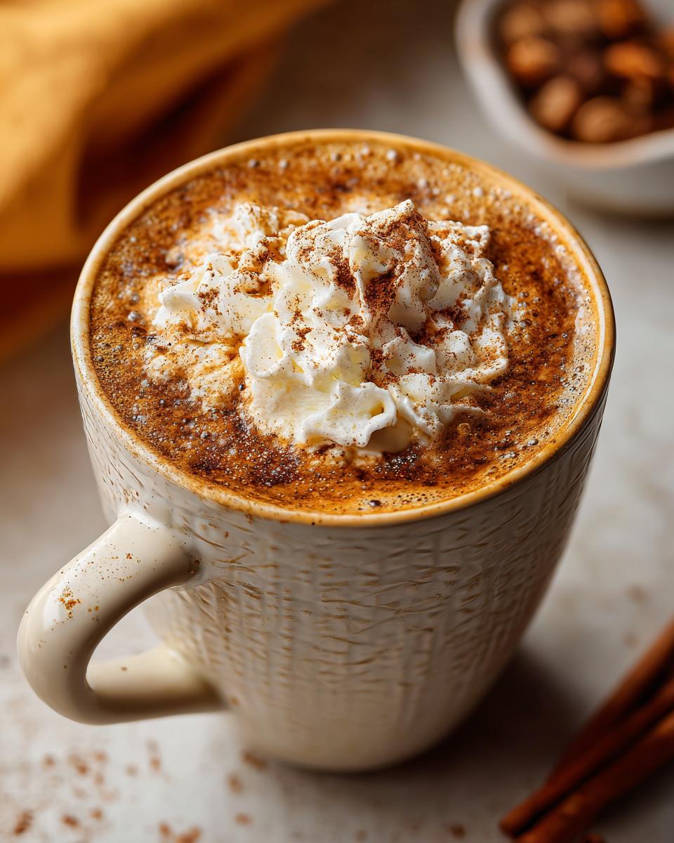 Close-up of a creamy Pumpkin Spice Latte topped with whipped cream and a sprinkle of cinnamon.
