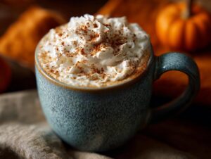 A close-up of a steaming Pumpkin Spice Latte in a blue mug, topped with whipped cream and a sprinkle of cinnamon.