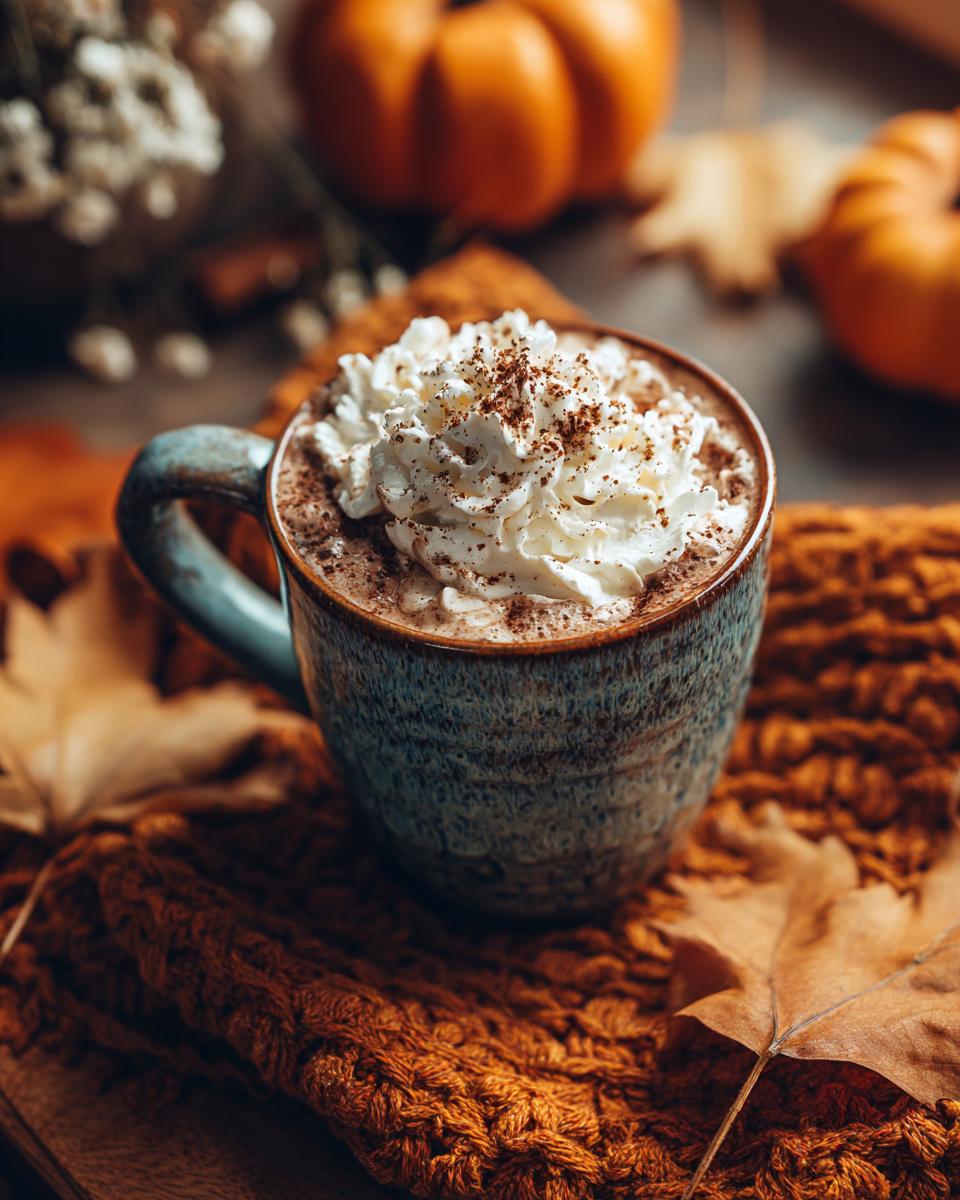 A warm mug of pumpkin spice latte topped with whipped cream and cinnamon, surrounded by autumn decor.