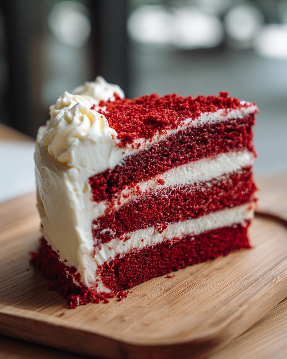 A decadent slice of red velvet cake with cream cheese frosting, layered with rich red cake and white frosting.