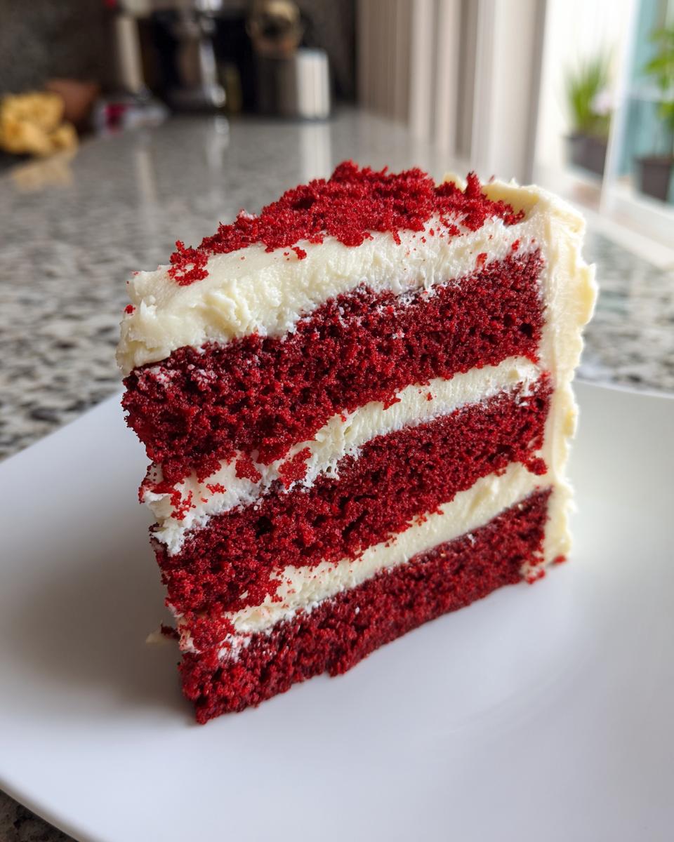 A moist slice of red velvet cake with thick layers of cream cheese frosting and red velvet crumbs on top.