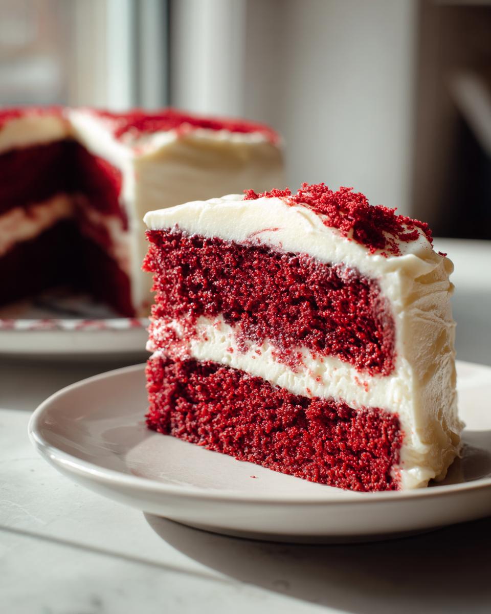 A close-up of a moist red velvet cake slice with creamy white frosting and red cake crumbs on top.