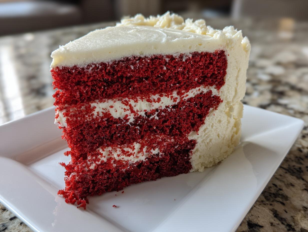 A generous slice of moist red velvet cake with creamy white frosting, showcasing its vibrant color and layers.