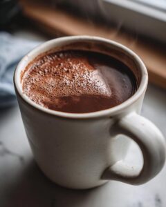 Close-up of a steaming mug of rich hot chocolate with a frothy top.