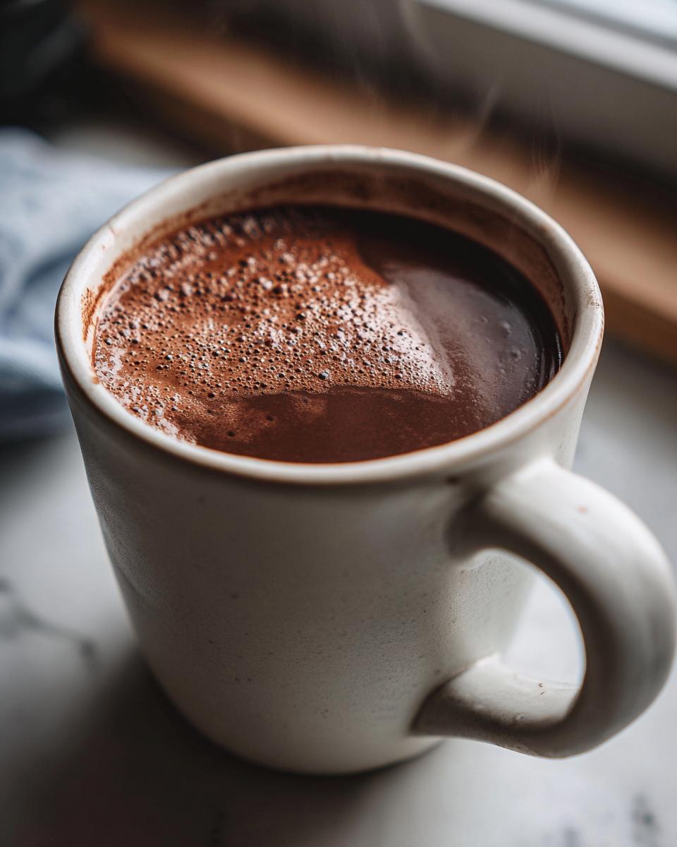 Close-up of a steaming mug of rich hot chocolate with a frothy top.