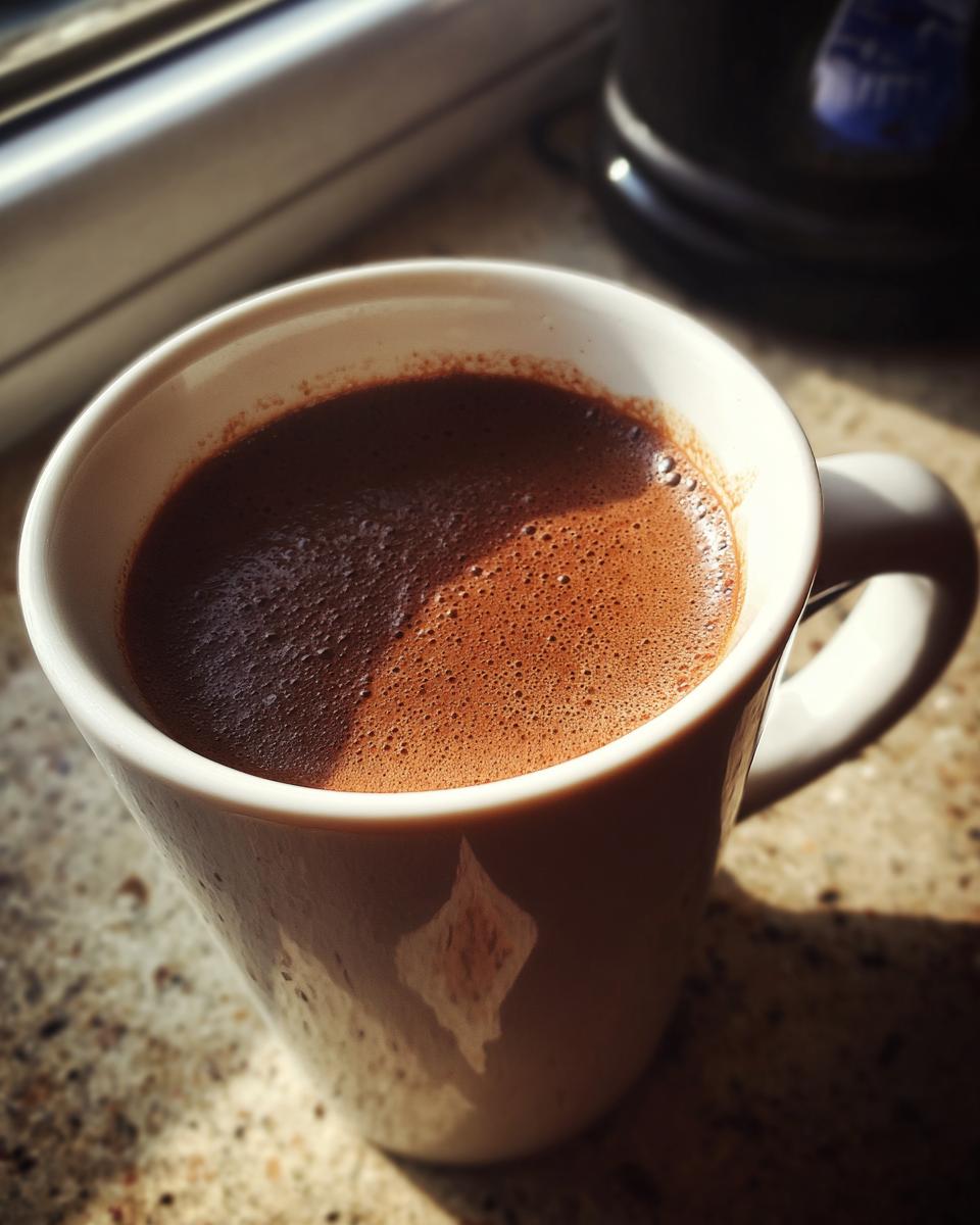 A close-up of a steaming mug of rich hot chocolate, with a frothy top, bathed in sunlight.