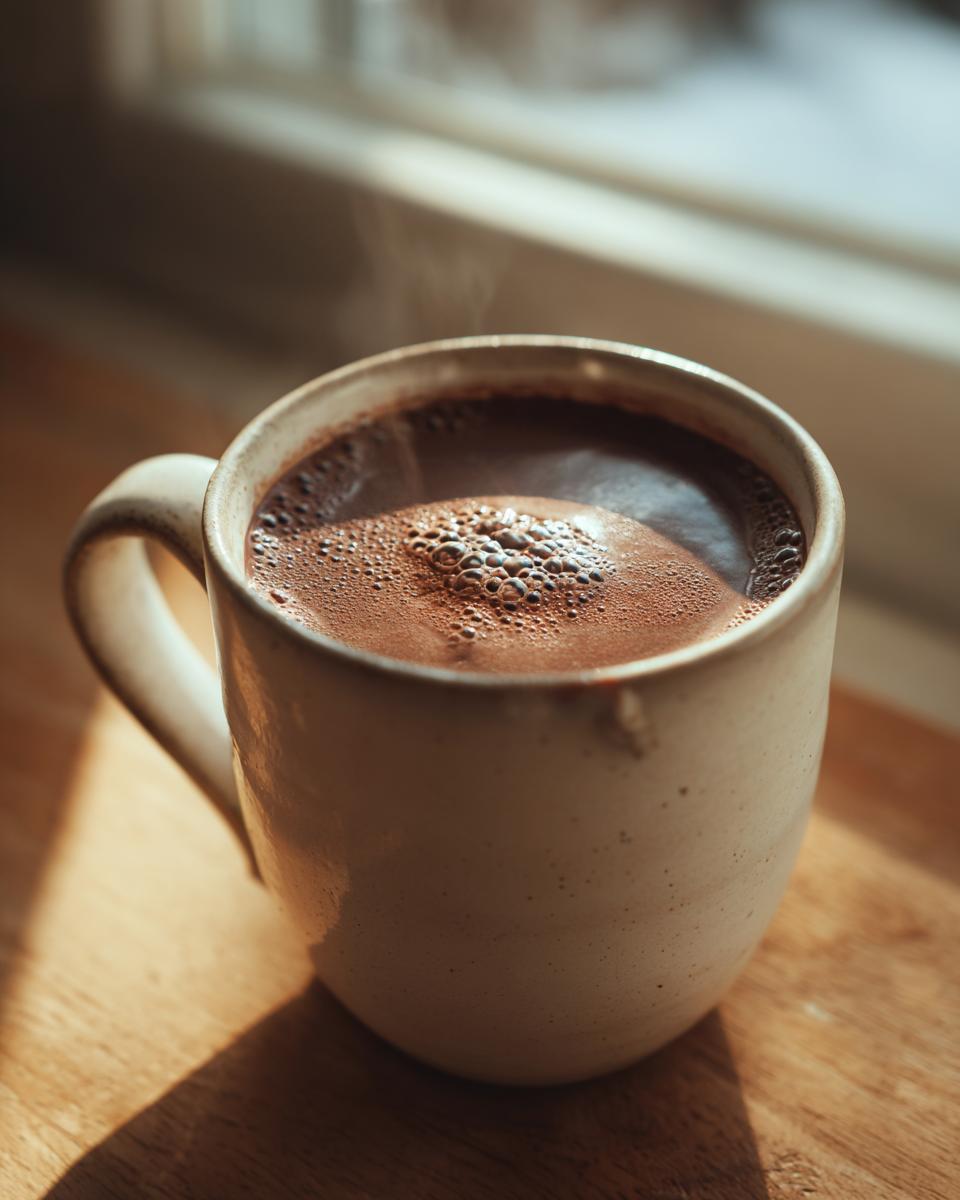 Close-up of a steaming mug of rich hot chocolate with a creamy froth, bathed in warm sunlight.