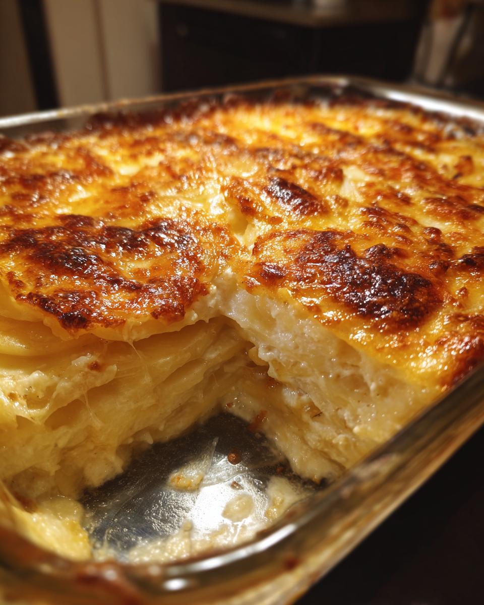 A close-up of golden-brown baked scalloped potatoes with a creamy interior in a glass baking dish.