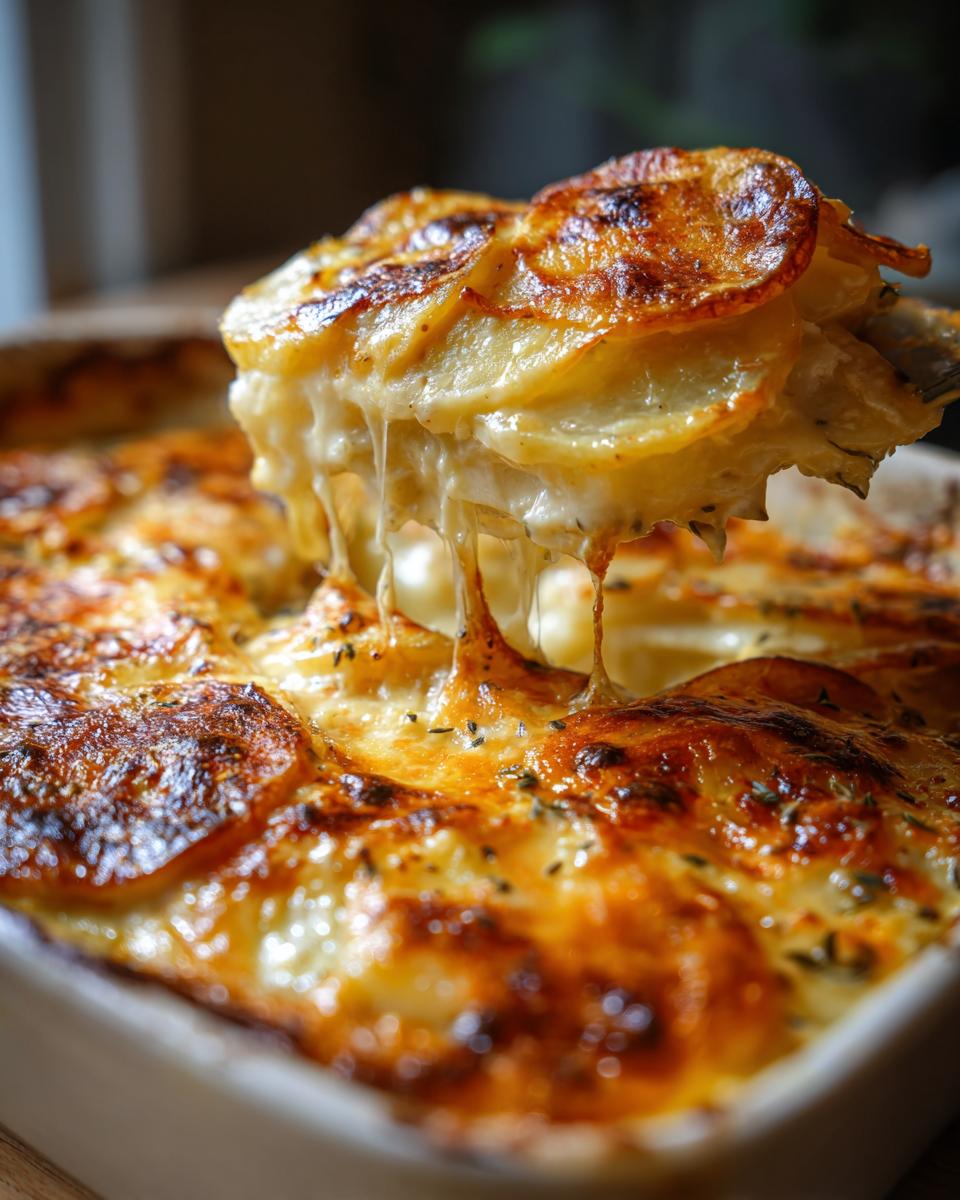 A fork lifting a cheesy, creamy portion of scalloped potatoes from a baking dish.
