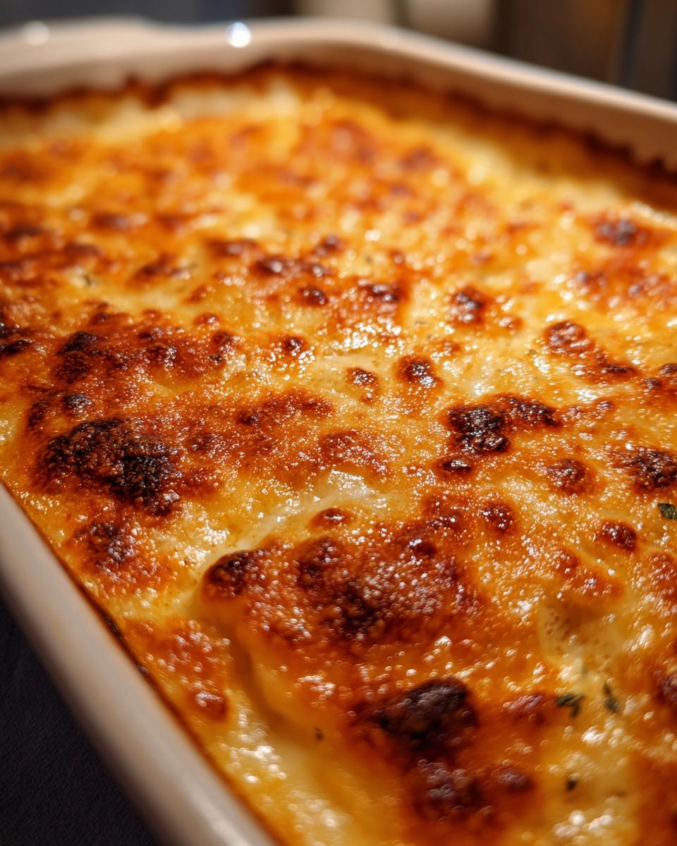Close-up of golden-brown baked scalloped potatoes with a bubbly, cheesy crust.