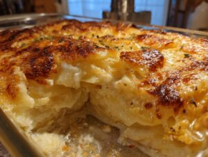 Close-up of a serving of creamy scalloped potatoes with a golden-brown cheesy crust.