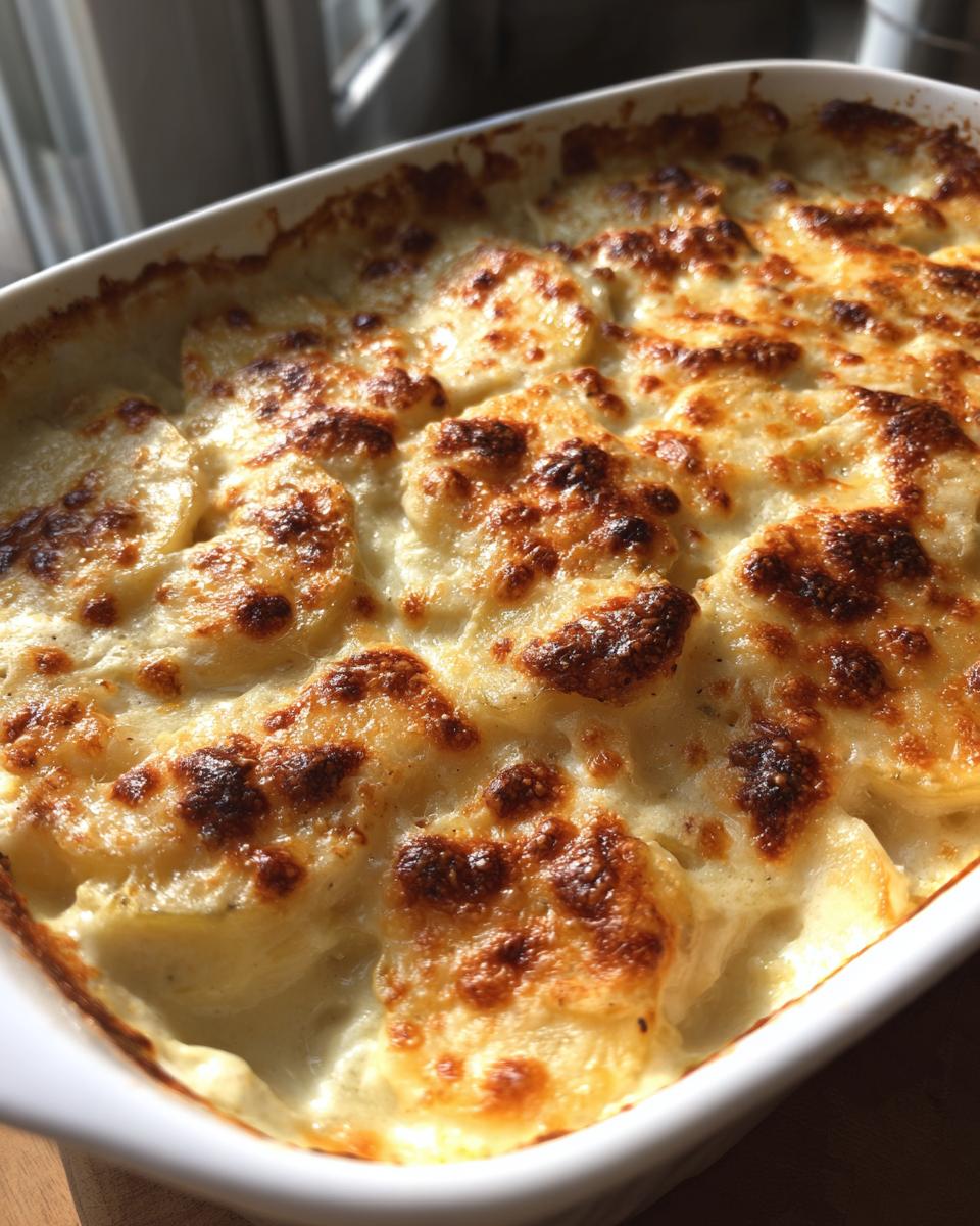 Close-up of bubbly, golden-brown scalloped potatoes fresh from the oven in a white baking dish.