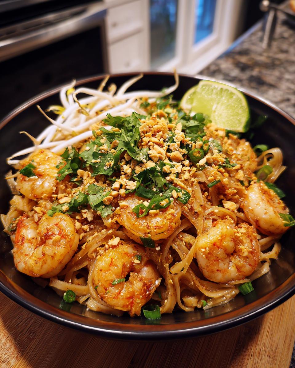 A close-up of a bowl of Pad Thai noodles with succulent shrimp, garnished with fresh cilantro, crushed peanuts, bean sprouts, and a lime wedge.