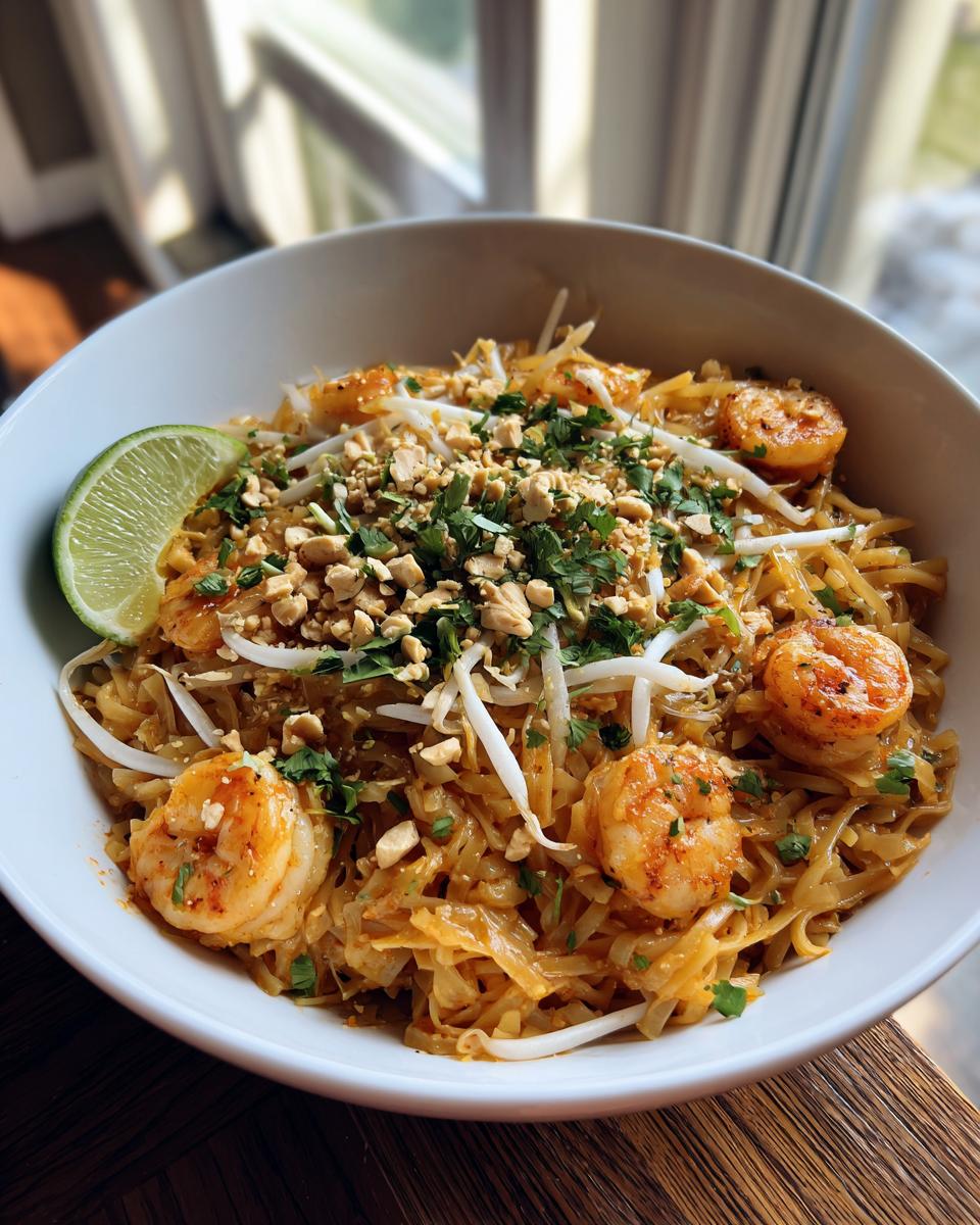 A close-up of a bowl of flavorful Pad Thai noodles with succulent shrimp, bean sprouts, crushed peanuts, and a lime wedge.