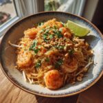 A close-up of a bowl of Pad Thai with shrimp, bean sprouts, crushed peanuts, cilantro, and a lime wedge.