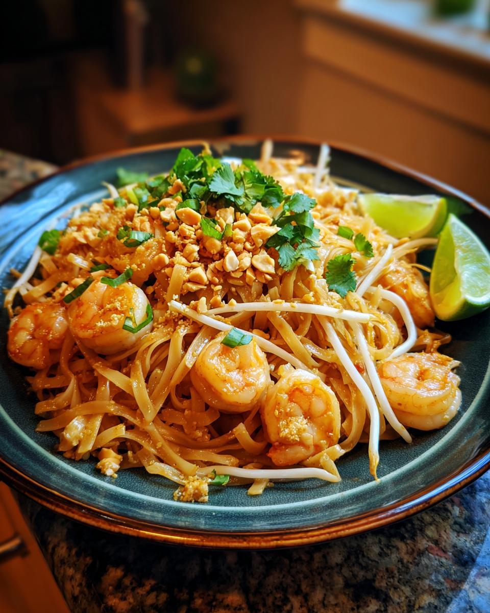 A close-up of a plate of Pad Thai noodles with shrimp, bean sprouts, peanuts, cilantro, and lime wedges.