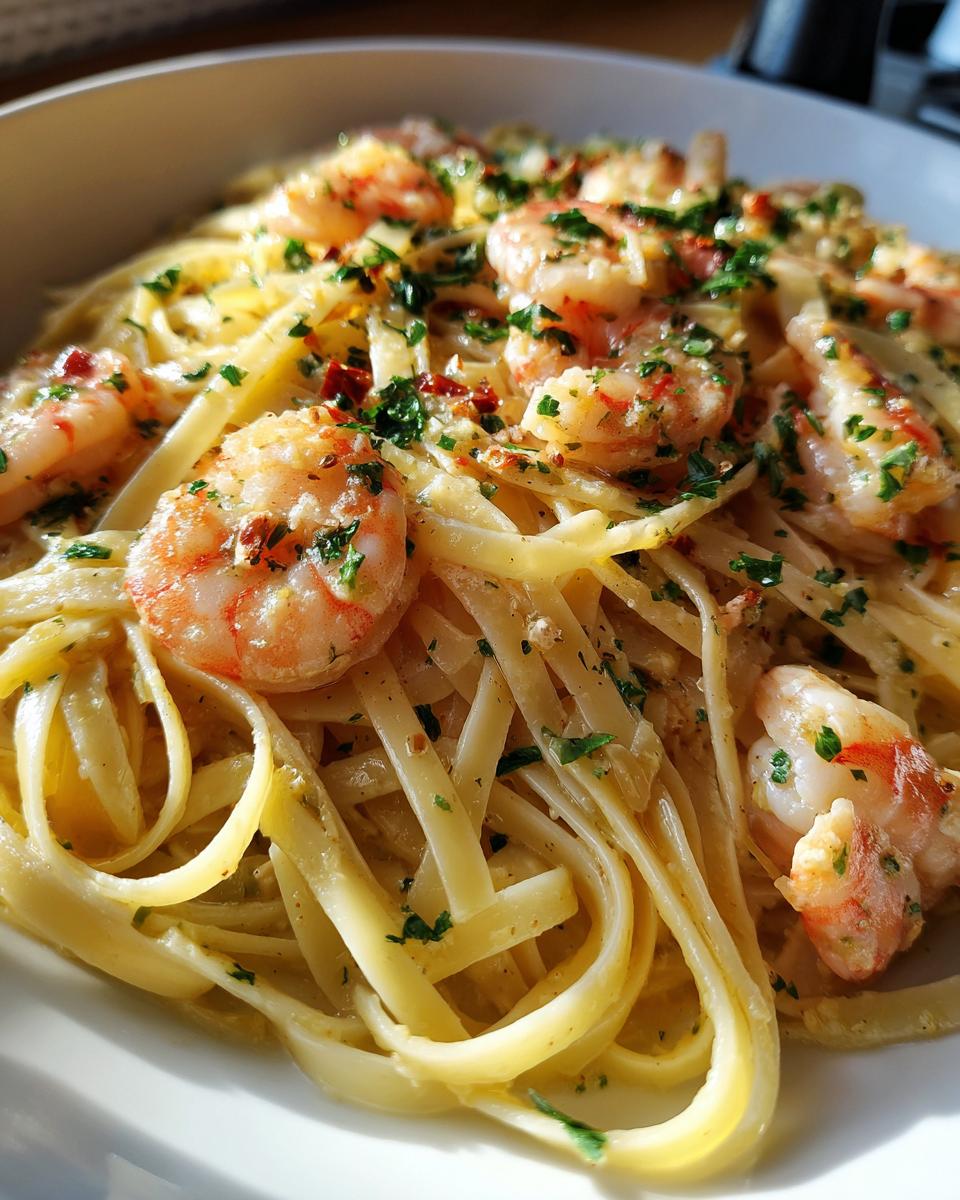 A close-up of a bowl of shrimp scampi, featuring linguine pasta tossed with succulent shrimp and fresh parsley.