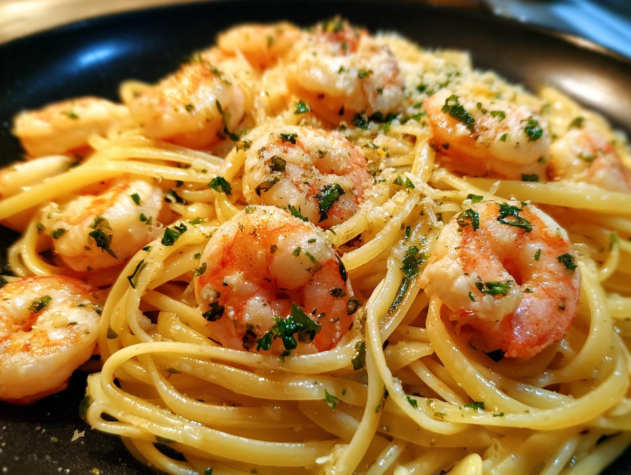 A close-up of delicious shrimp scampi served over linguine pasta, garnished with parsley and parmesan cheese.
