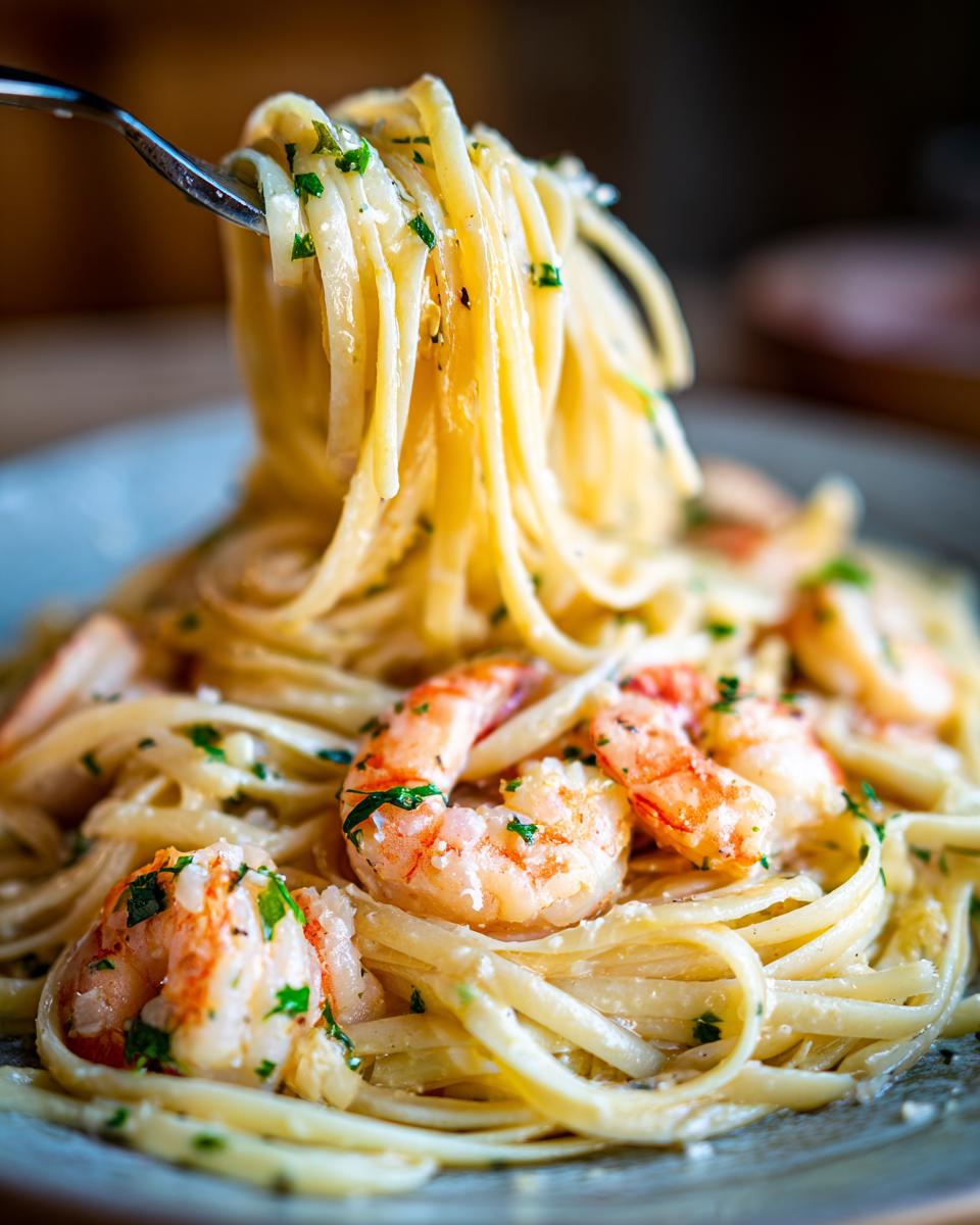 A fork twirls linguine pasta covered in sauce and herbs, with plump shrimp scampi visible on a plate.