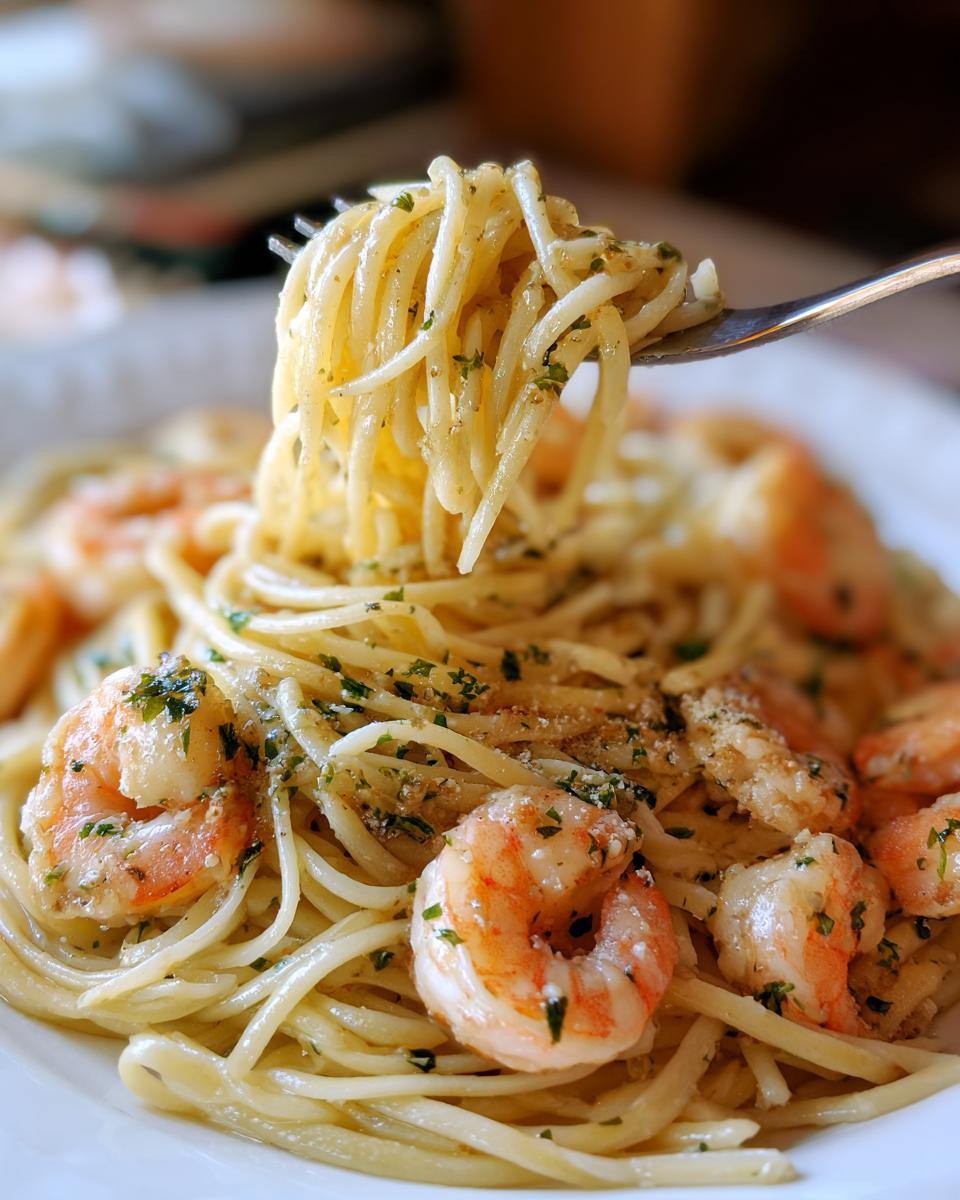 A fork twirls spaghetti covered in garlic butter sauce and topped with succulent shrimp, a perfect serving of shrimp scampi.