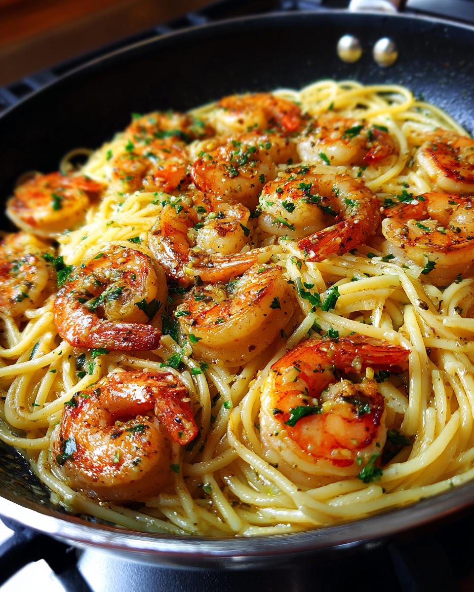 A close-up of a pan filled with spaghetti and perfectly cooked shrimp scampi, garnished with parsley.