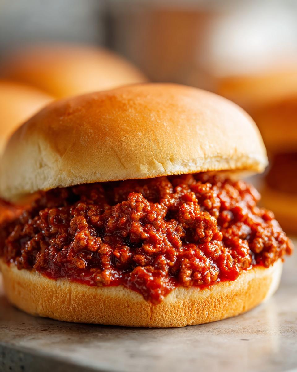 A close-up of a homemade Sloppy Joe sandwich on a soft bun, overflowing with seasoned ground beef in a rich tomato sauce.