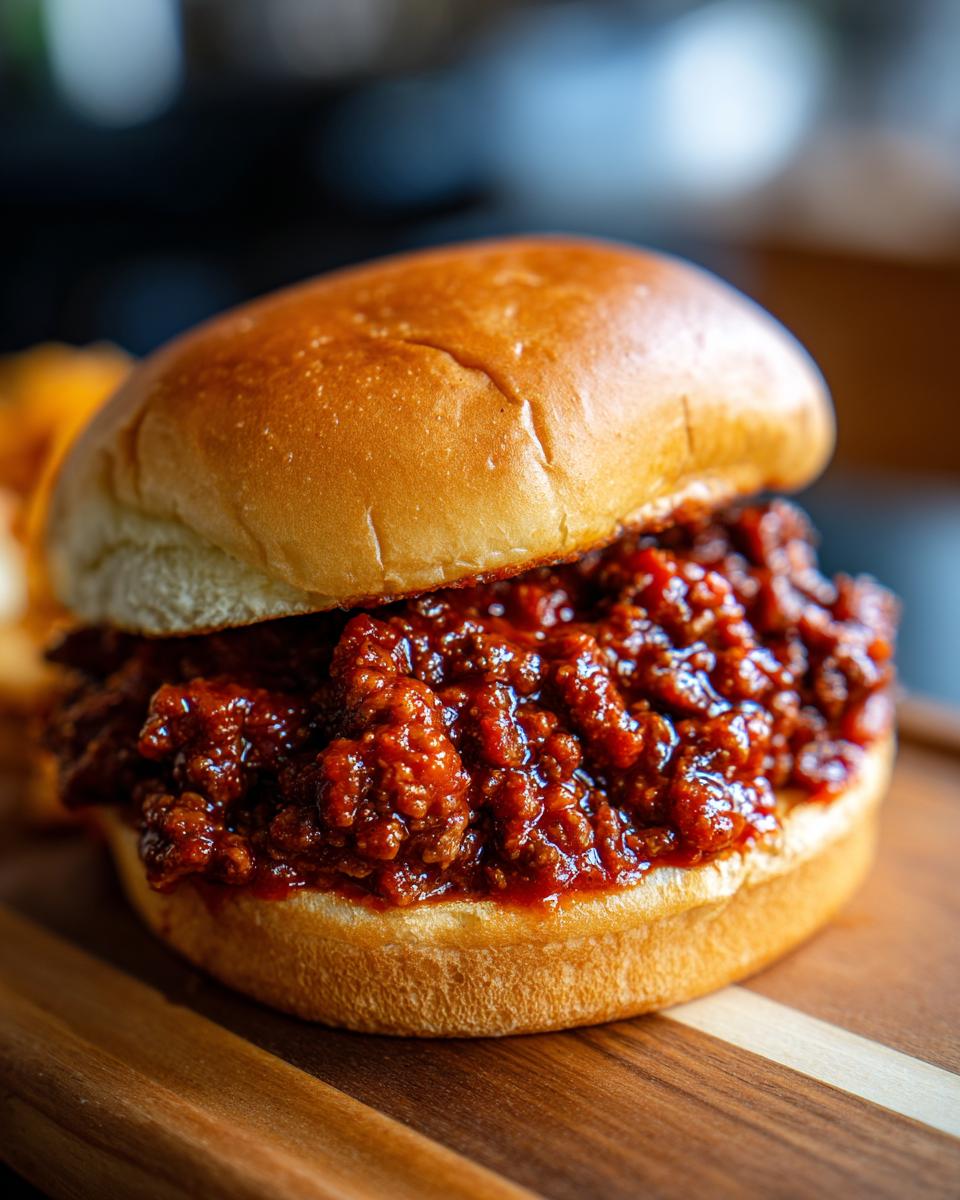 Close-up of a delicious Sloppy Joe sandwich on a bun, filled with savory ground beef in a rich tomato sauce.