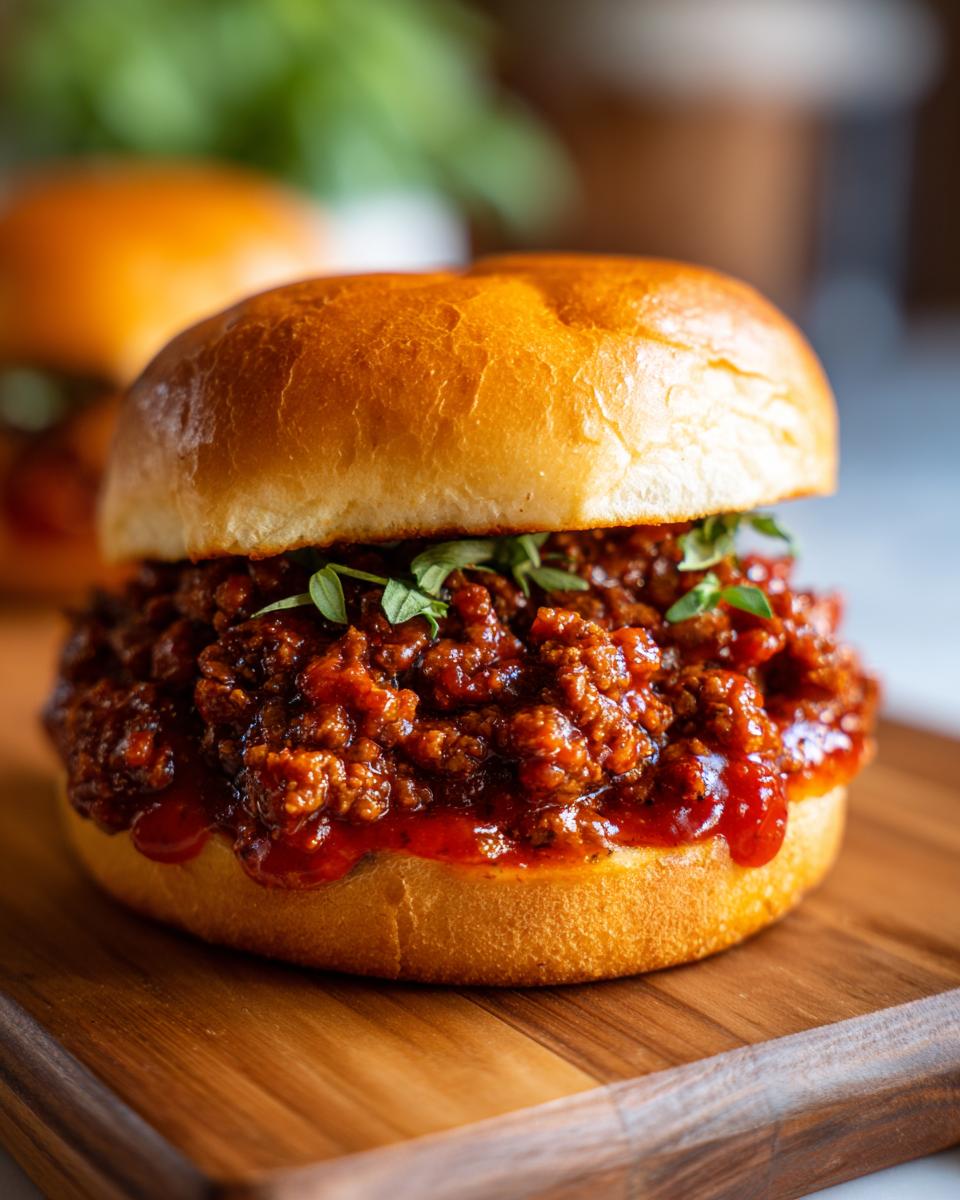 A close-up of a juicy Sloppy Joe sandwich on a toasted bun, topped with fresh herbs.